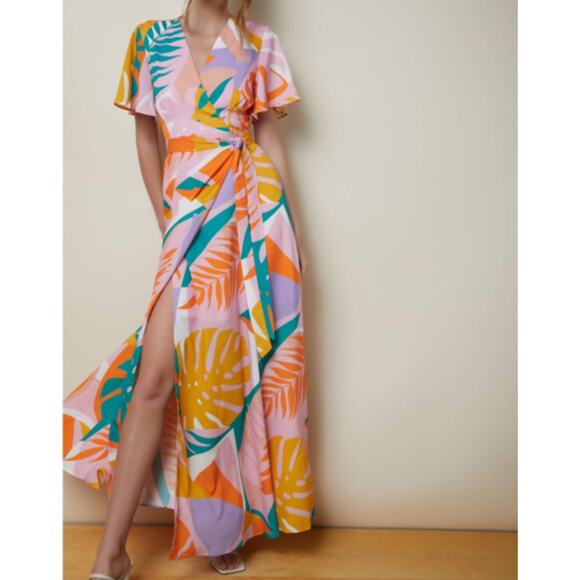Hutch Kiera Wrap Maxi In Multi Color colorful tropical leaf print Sundress sz M - Picture 1 of 11